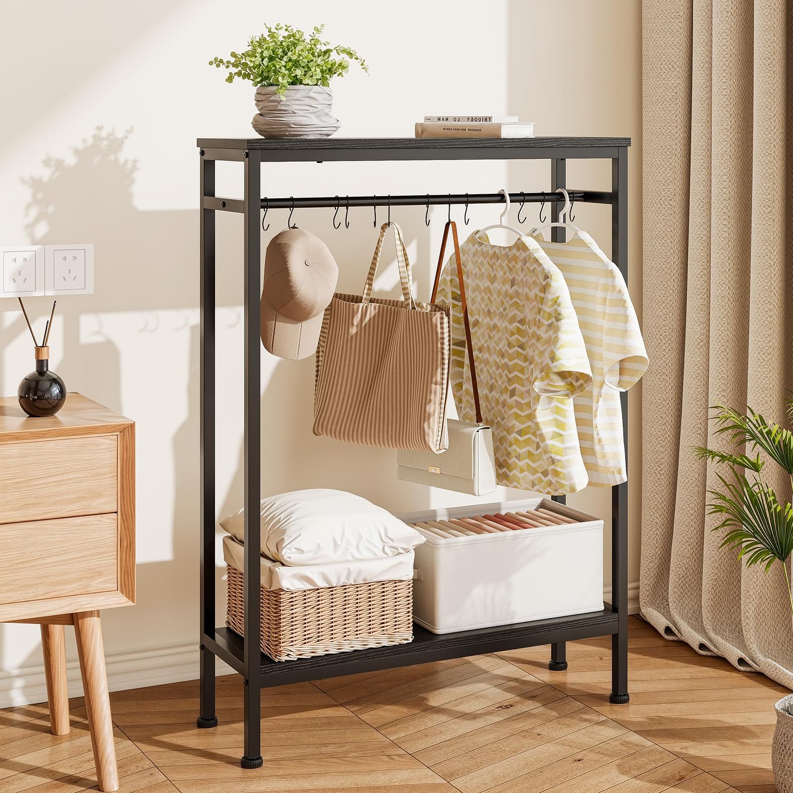 Naotico ハンガーラック スリム 棚付き バッグ収納ラック 子供 カバン掛け ランドセル リュック 収納 かばんかけ スタンド S字フック付き 省スペース 収納付き 鞄収納 頑丈 バッグ ハンガー ロッド 玄関 リビング 洋服掛け 落ち