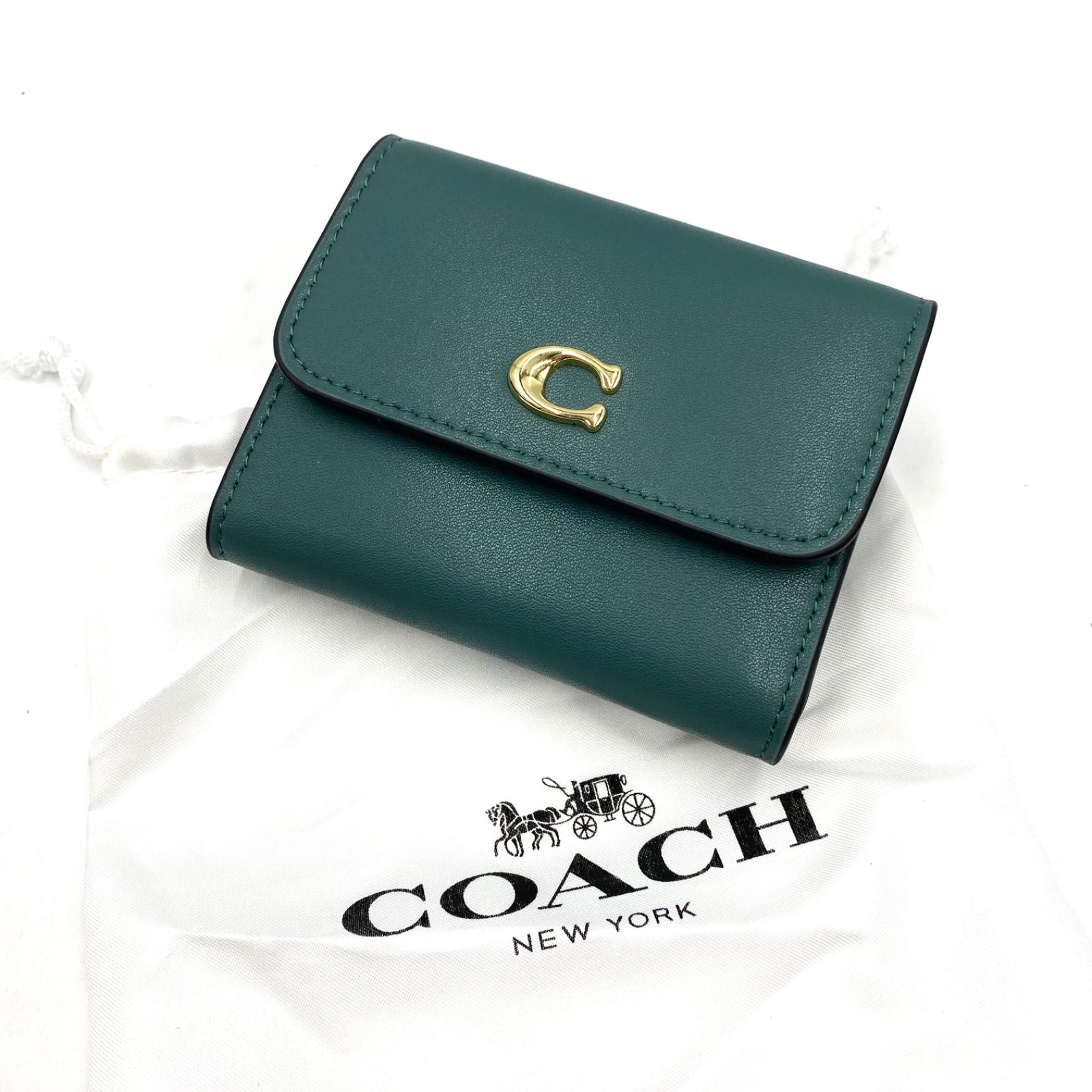 COACH コーチ エッセンシャル カードケース 名刺入れ 札入れ マネークリップ 財布 ウォレット 三つ折り レザー グリーン系
