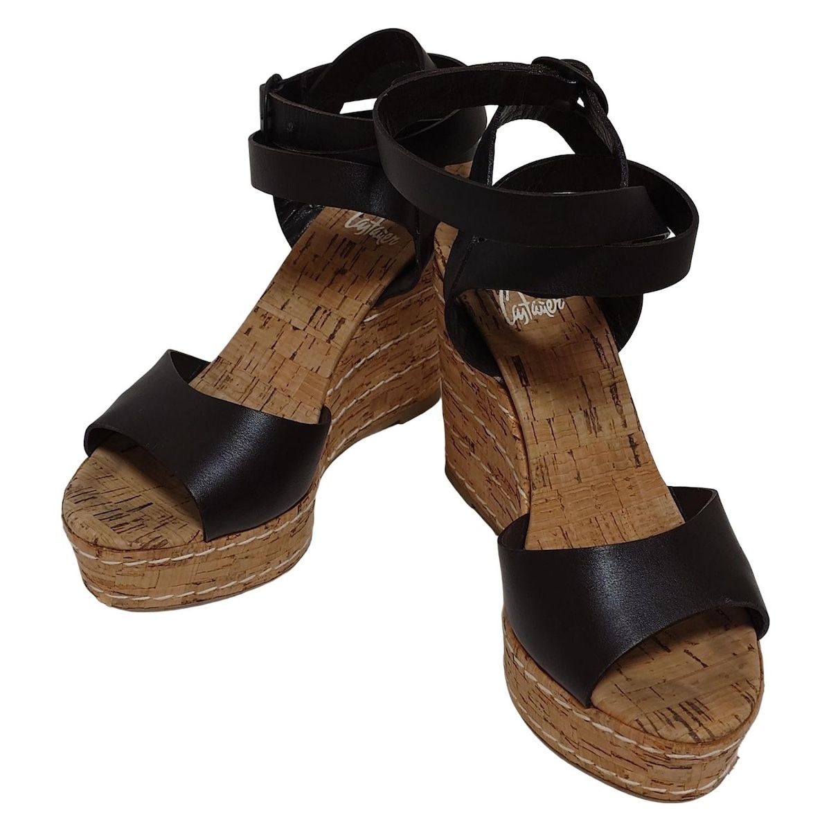 カスタニエール サンダル 37 レディース - ダークブラウン×ベージュ ウェッジソール ステッチ レザー