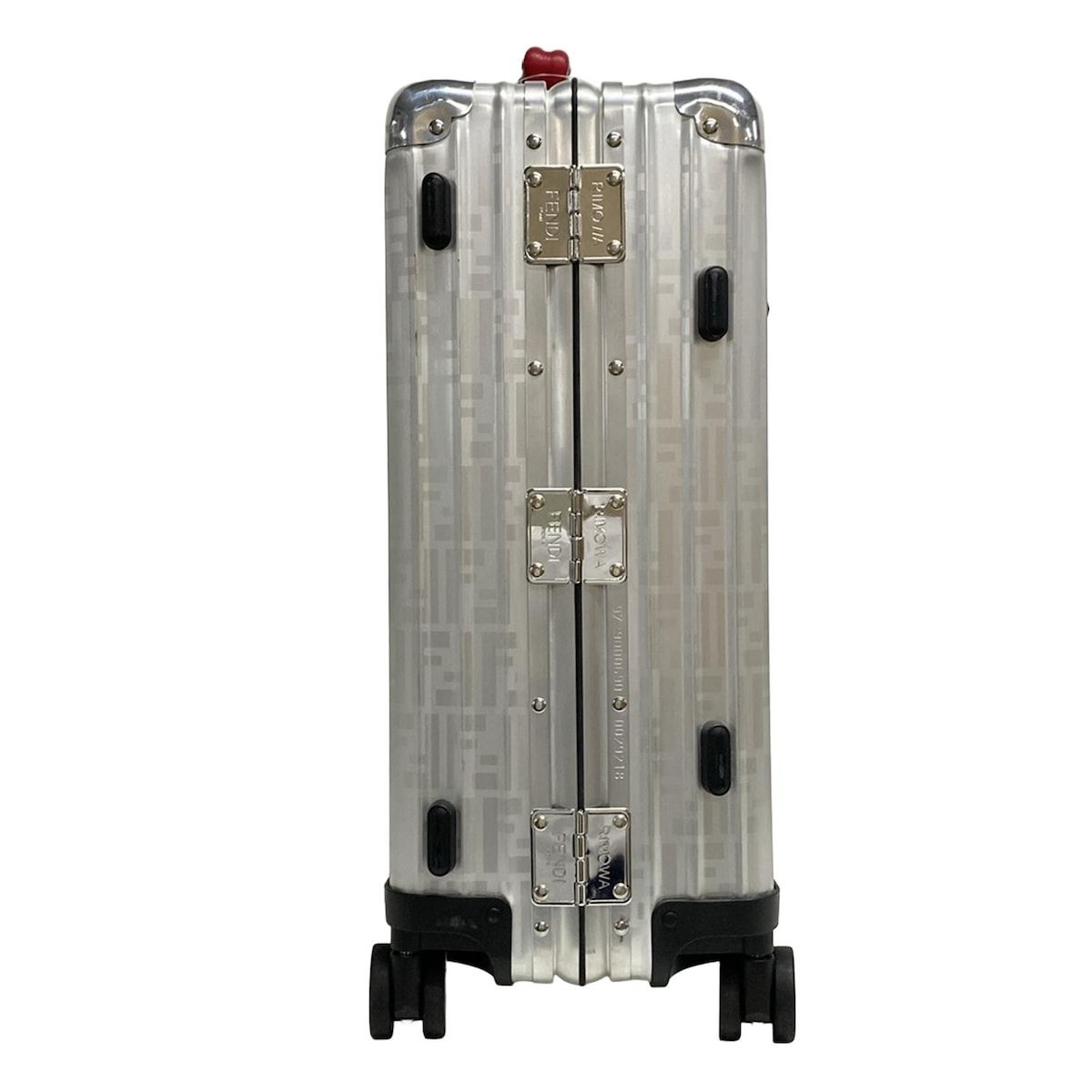 FENDI フェンディ キャリーバッグ - 7VV133 A5F6 F13DK シルバー×レッド RIMOWAコラボ ズッカ柄 つや消し加工 レザー