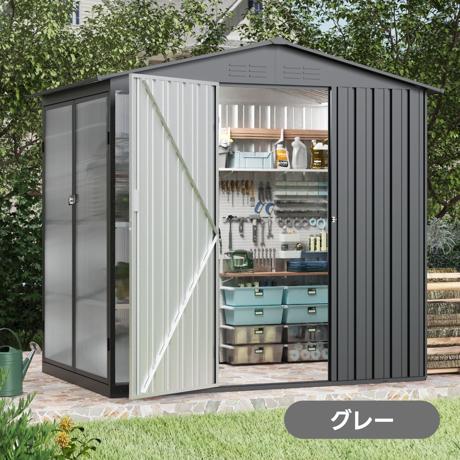 数量限定セール」全新品 【温室付き】物置 屋外 スチール 可動棚 倉庫 