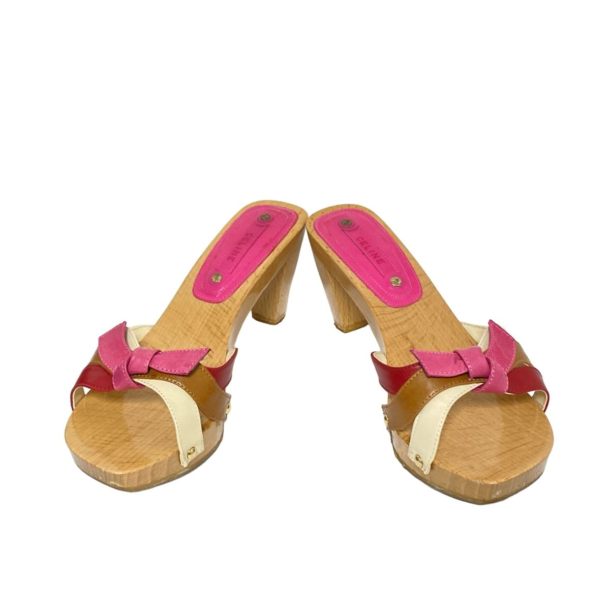 CELINE セリーヌ ミュール 35 レディース - ピンク×ベージュ×マルチ リボン オープントゥ レザー