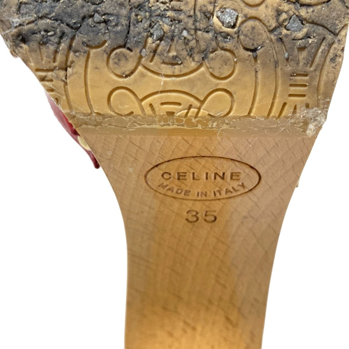  CELINE セリーヌ ミュール 35 レディース - ピンク×ベージュ×マルチ リボン オープントゥ レザー ミュール サンダル ミュール