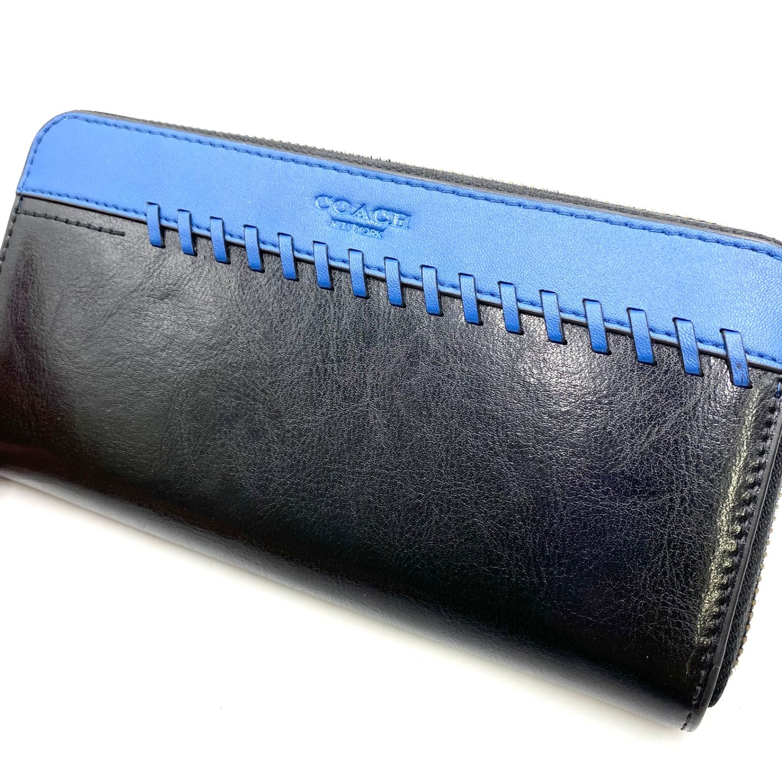 上品 COACH コーチ 長財布 ウォレット リップアンドリペア ファスナー ラウンド レザー ブラック ブルー
