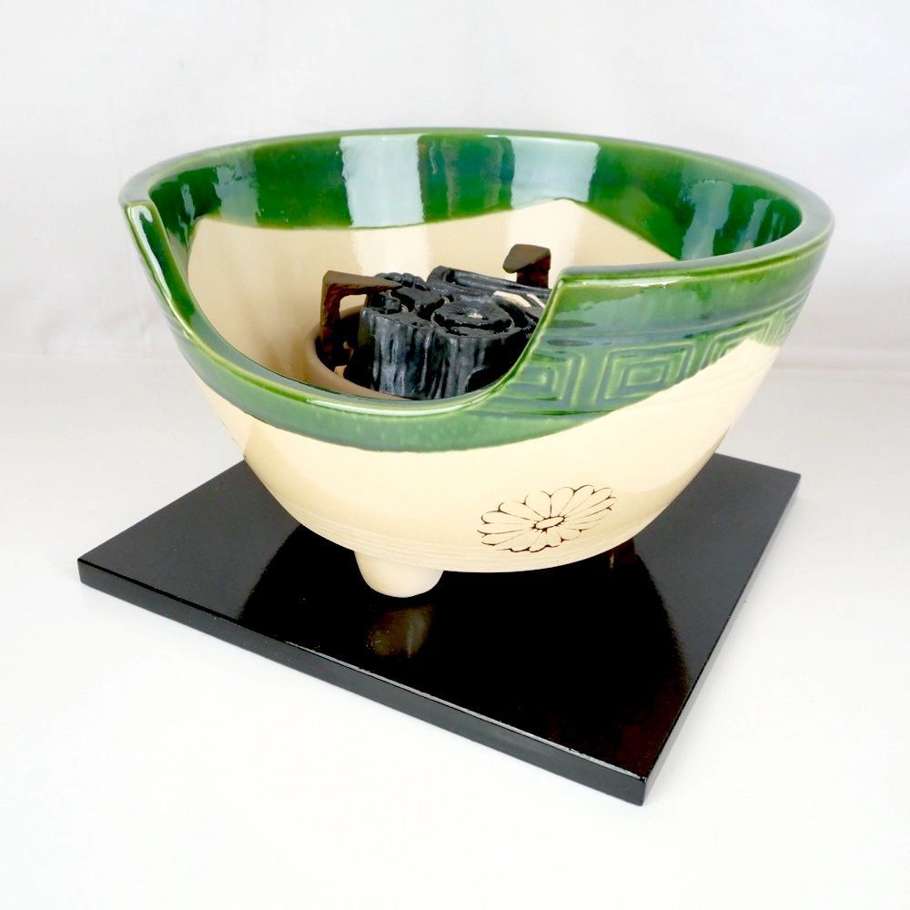 風炉型電熱器 野々田式電熱器 織部A 敷板一体 前瓦 香入れ金具つき 紅鉢型