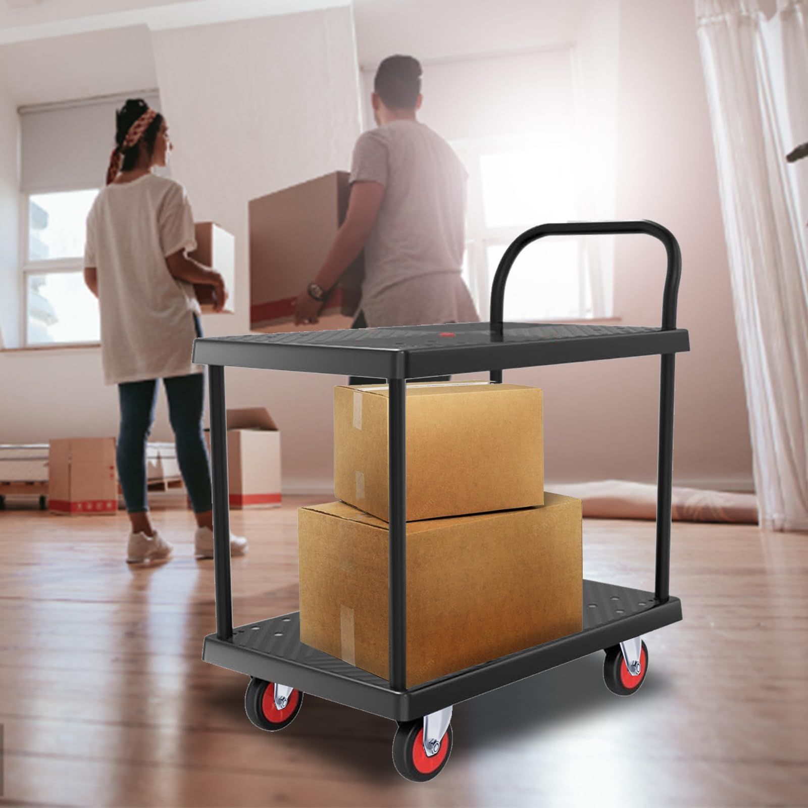  UYTON 台車 折りたたみ台車 2段 72 x 48 82 CM ブラック 平台台 車 静音 折りたたみ 業務用 軽量 大型 屋内外で使用 倉庫 農業 輸送 ハンドリング ショッピング 防災用 持ち運び便利 手押し台 各シーンで大活躍 台車 DIY 工具