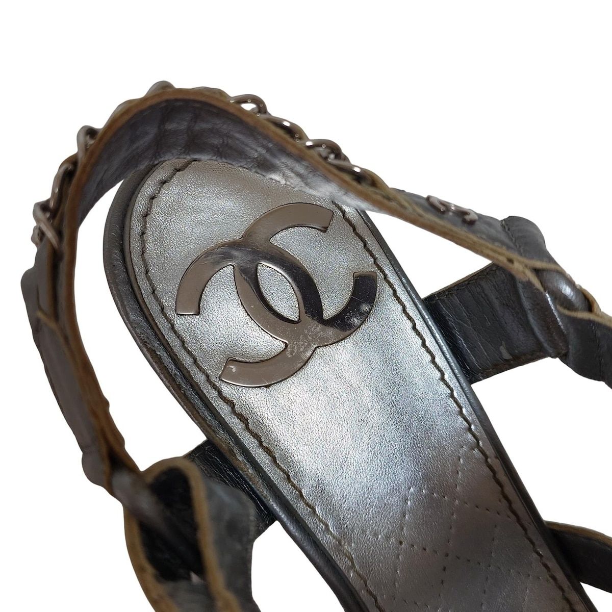 【日本未発売】 CHANEL シャネル サンダル 36 1 2 C レディース - G33799 シルバー チェーン レザー