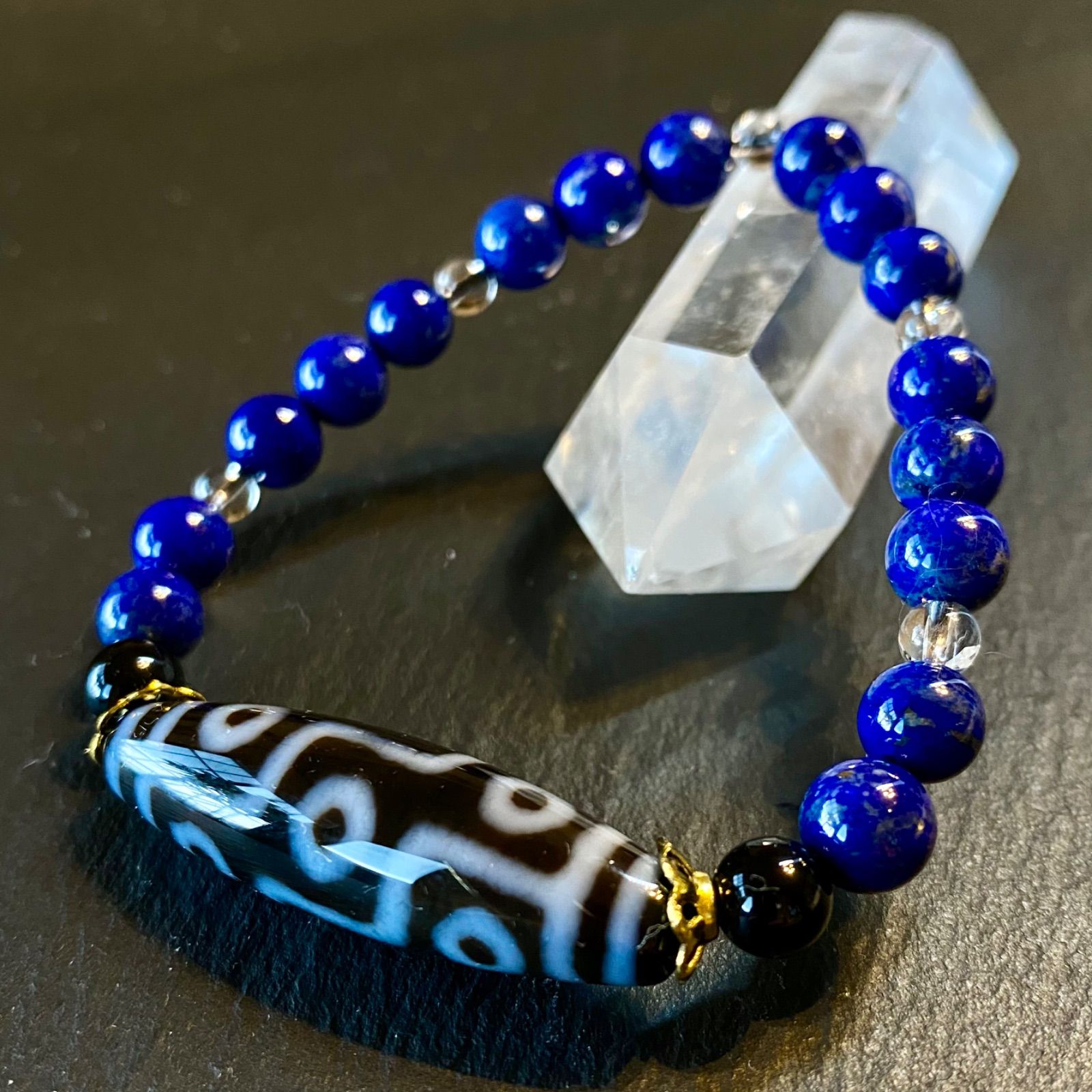 九眼天珠 ラピスラズリ モリオン 光波動 ブレスレット B0824-01