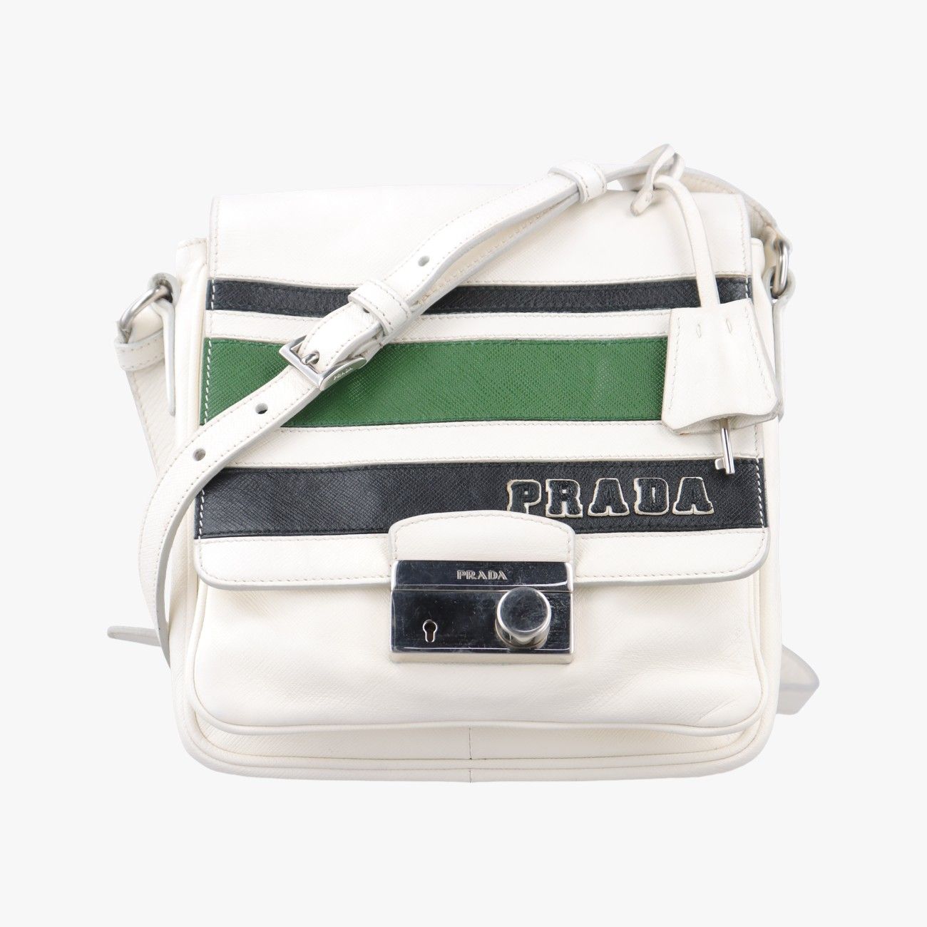 プラダPradaライグサウンドロック ブラック×ホワイト×グリーン サフィアーノレザー 27 113