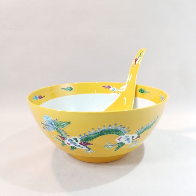 究 のラーメン鉢レンゲ付セット 黄交趾 龍 雲