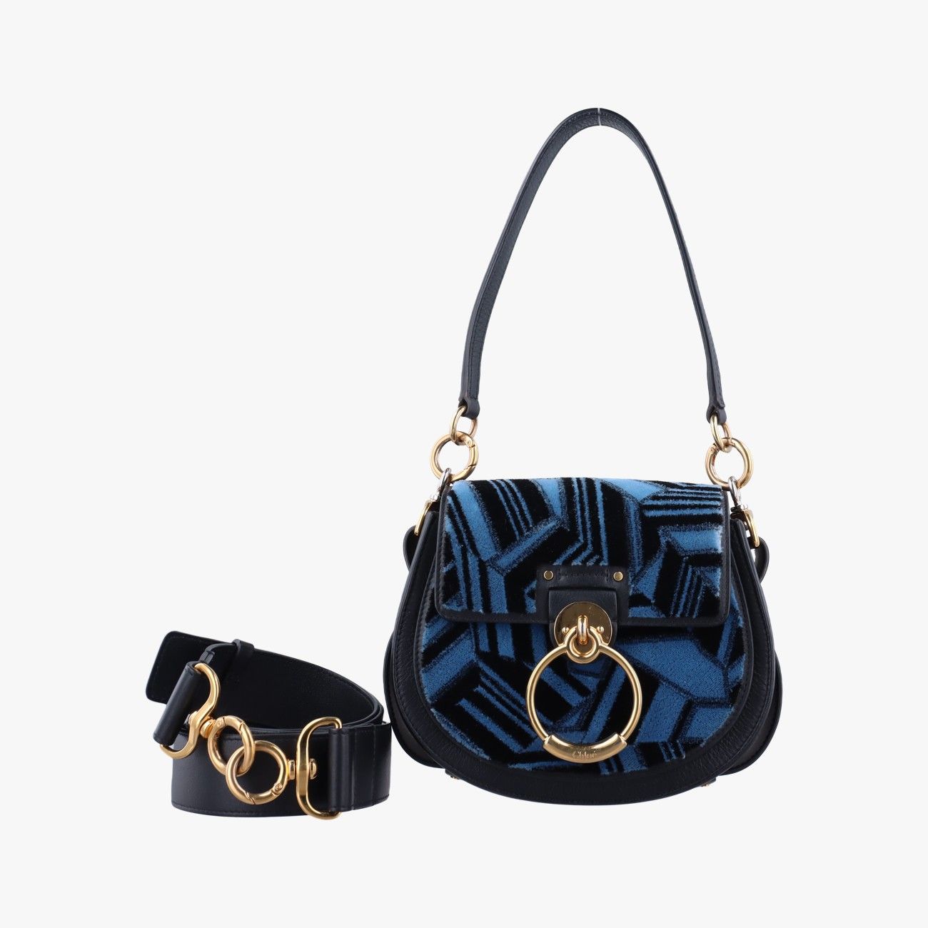 クロエChloeテス ブルー×ブラック ベロア 04 18 70 65 7