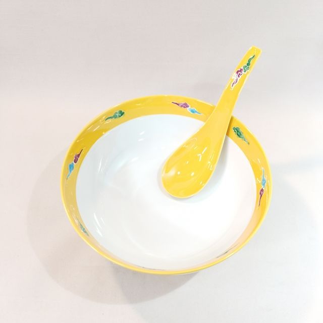 究 のラーメン鉢レンゲ付セット 黄交趾 龍 雲