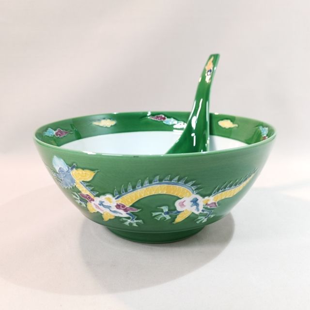 究 のラーメン鉢レンゲ付セット 緑交趾 龍 雲