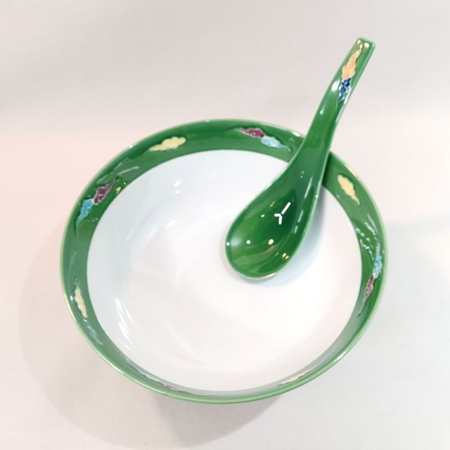 究 のラーメン鉢レンゲ付セット 緑交趾 龍 雲