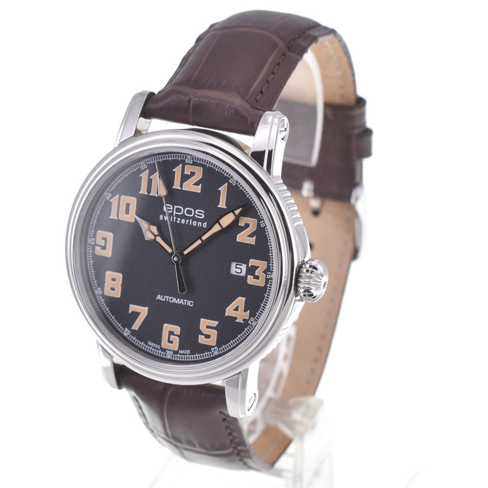 エポス EPOS 3390 AGY エモーション デイト SS レザー 自動巻き メンズ 箱 保証書付き P 141143