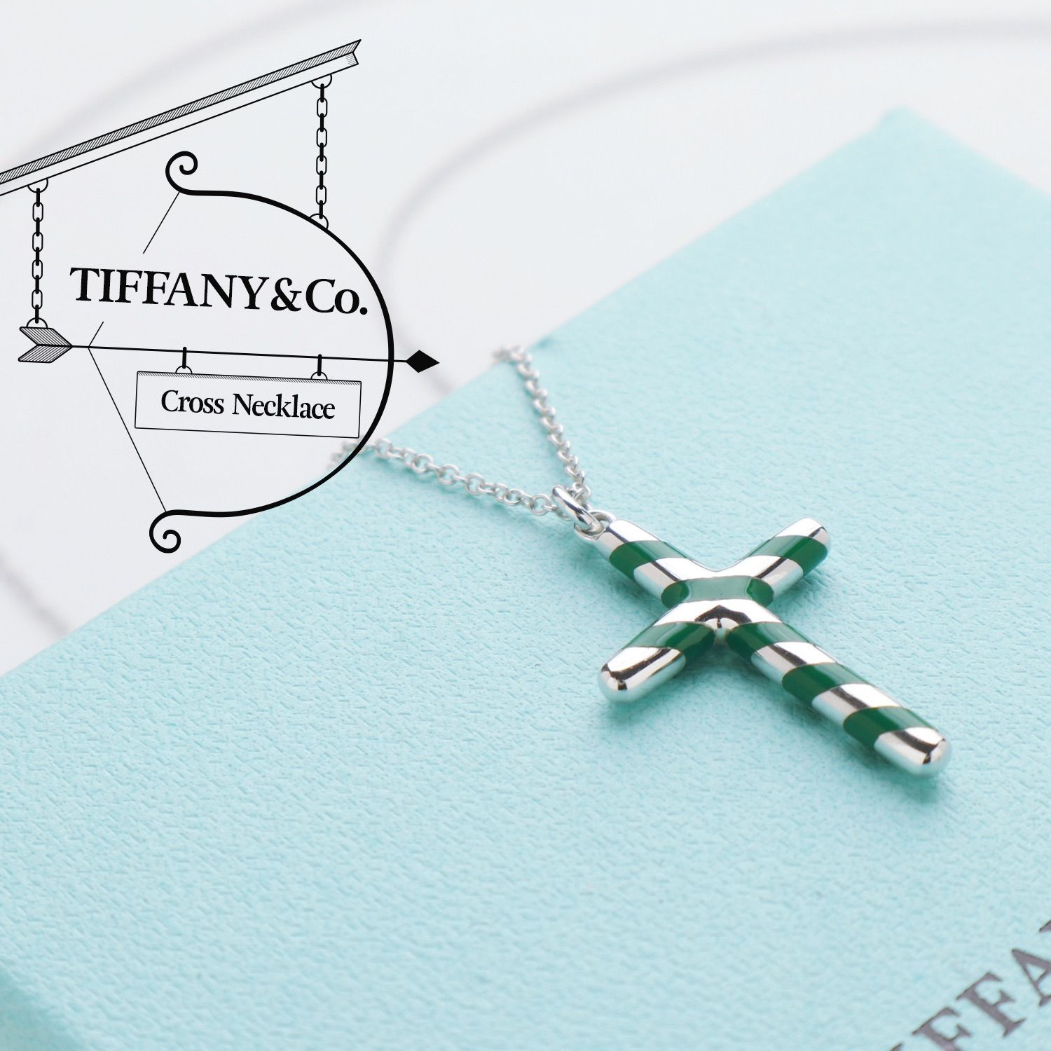 ティファニー クロス 925 グリーン エナメル ストライプ ネックレス - c.1990s