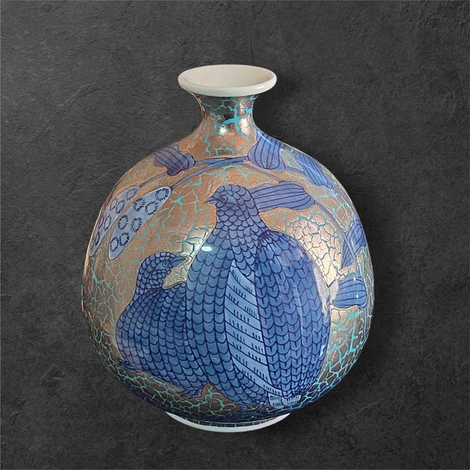 有田焼 陶芸作家 藤井錦彩 染錦プラチナ彩鶉絵花瓶 錦彩作 現代作家 花瓶 壷 壺レトロ アンティーク 古美術 骨董 KK 出 2