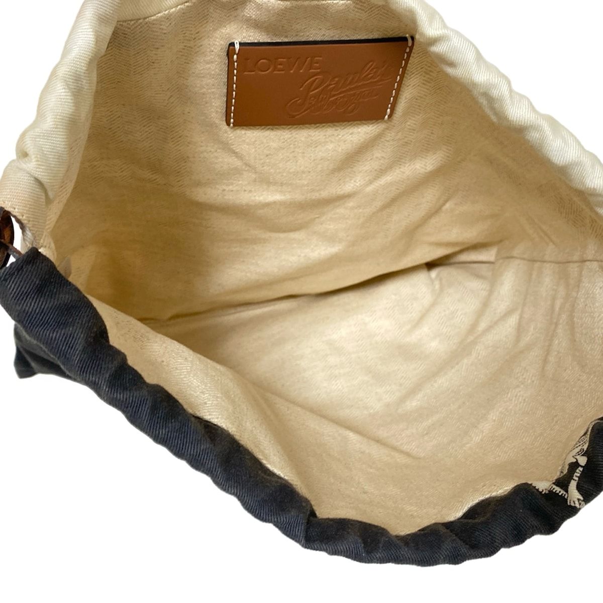 LOEWE ロエベ ポーチ ドローストリング ポーチ ブラウン×マルチ 鳥 巾着型 Paula s Ibizaコラボ コットン レザー DECORATOM_COM_BR