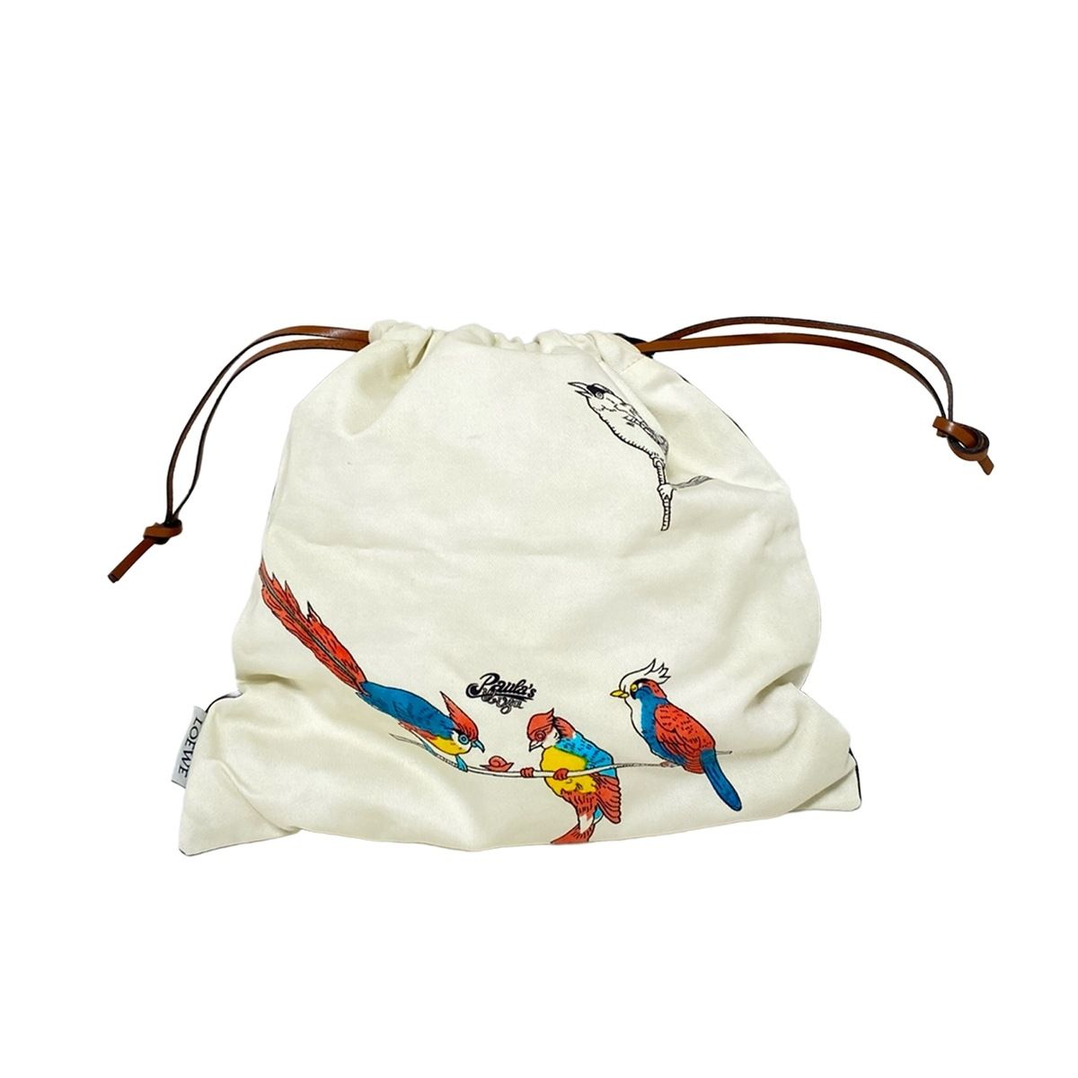 LOEWE ロエベ ポーチ ドローストリング ポーチ ブラウン×マルチ 鳥 巾着型 Paula s Ibizaコラボ コットン レザー