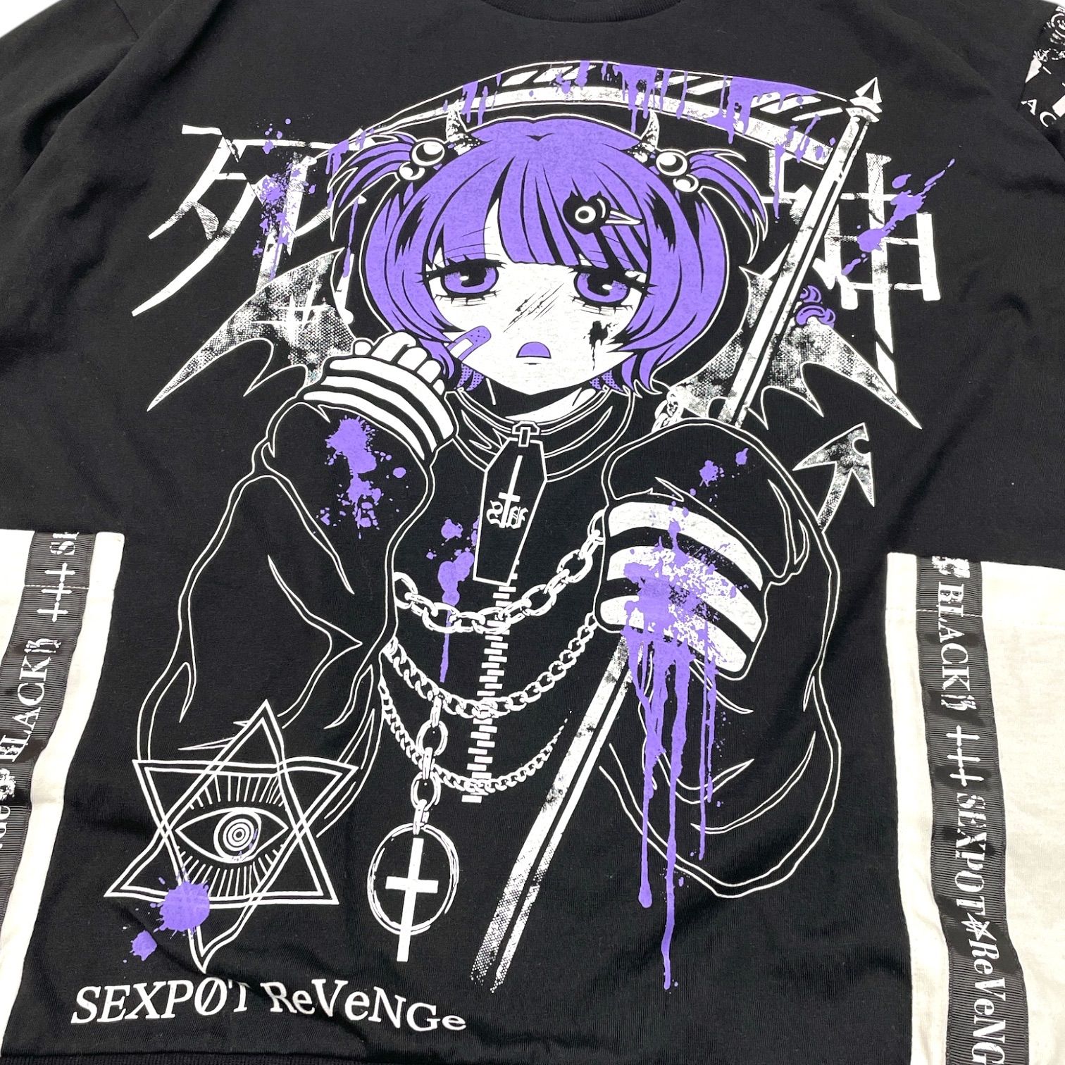 [APPAREL]/セックスポットリベンジ/ダリぃ死神 LOGO BELT LOOSE BIG デザイン カットソー 黒×白 + ピンク (F) ゴスロリ・パンク/SEX POT ReVeNGe SEXPOT ReVenGe セックスポットリベンジ セクポ ダリぃ死神 LOGO BELT