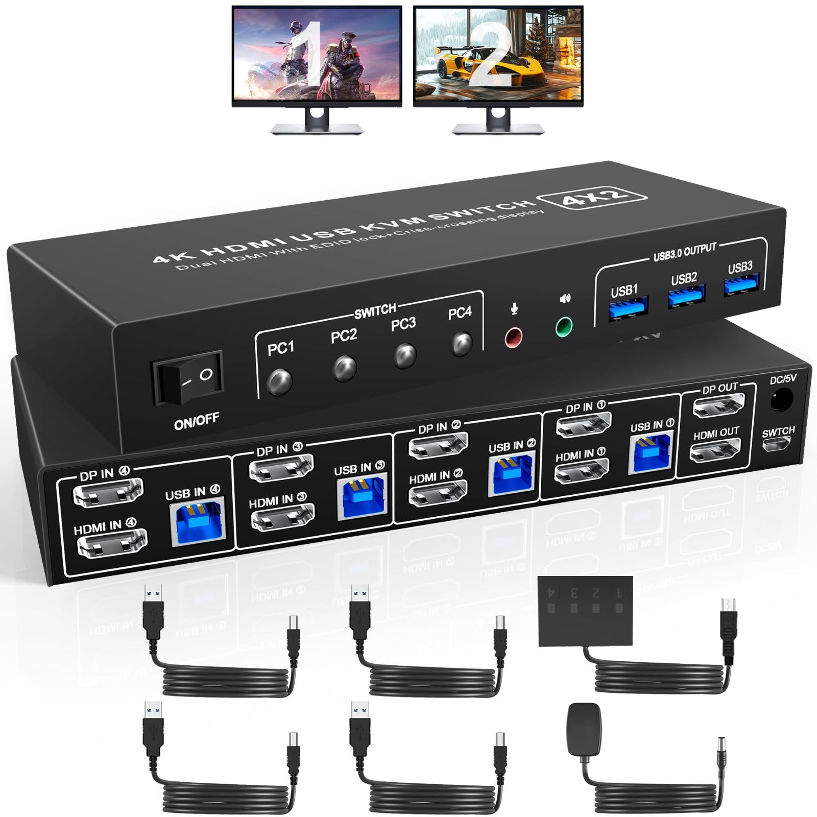 4 ポート USB 3.0 Displayport HDMI KVM スイッチ デュアル モニター 4コンピューター 4K 60Hz KVM スイッチ 2モニター 4 PC オーディオマイクおよび 3 USB 3.0 ポート 4 ポート HDMI DP