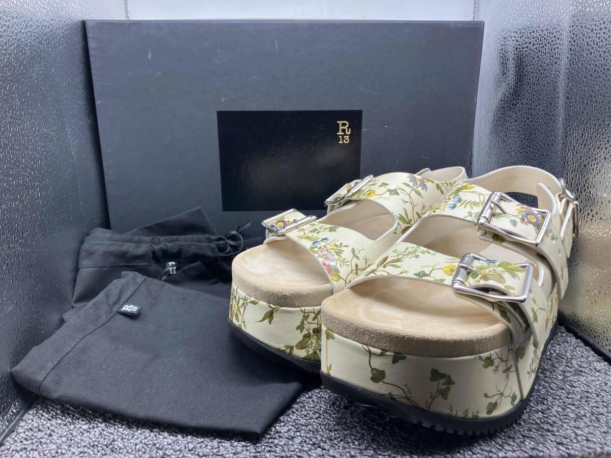 き R13 アールサーティン サンダル 花柄 サイズEU38 US8 約24cm ベージュ