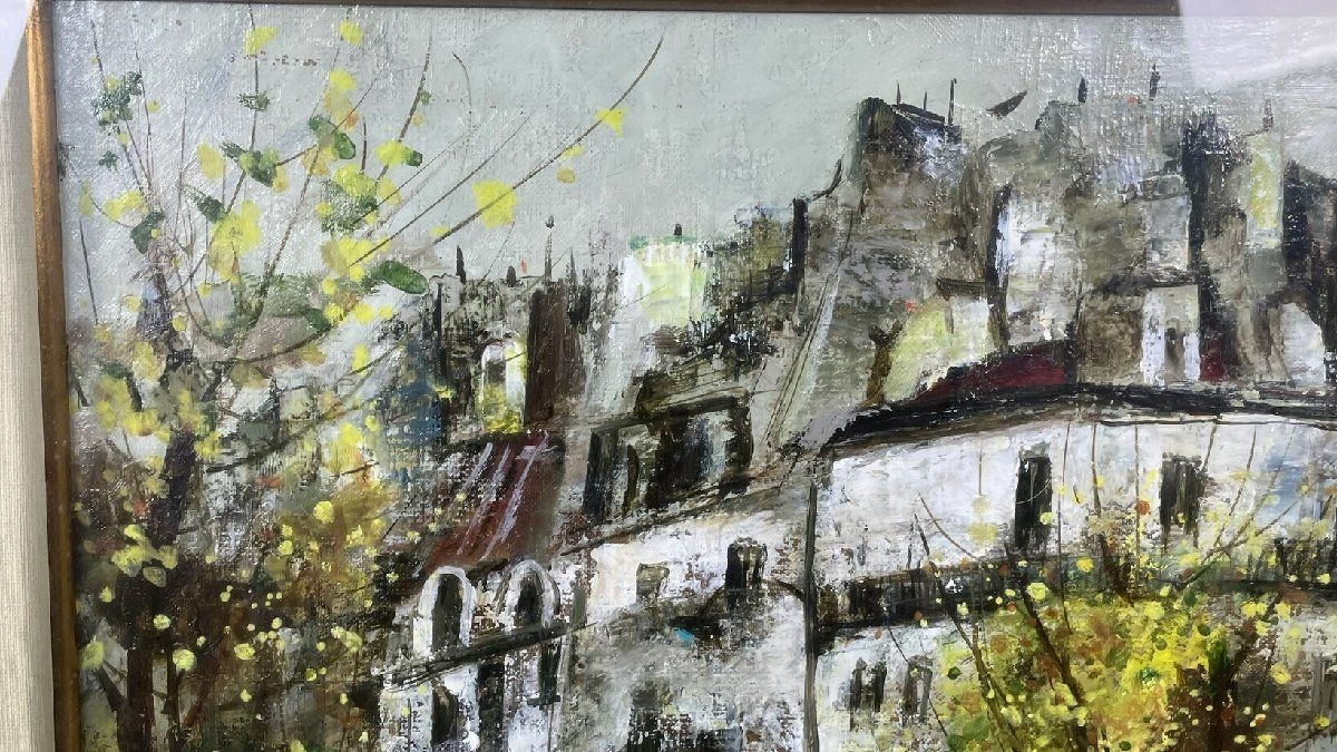 2128 須崎路夫 広告塔のある街 油彩画 F15号 額装 M9