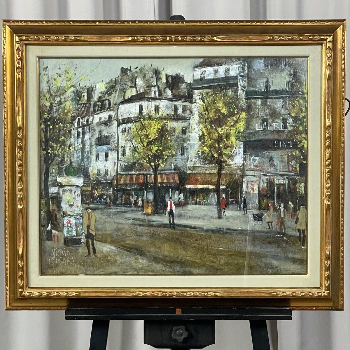 2128 須崎路夫 広告塔のある街 油彩画 F15号 額装 M9