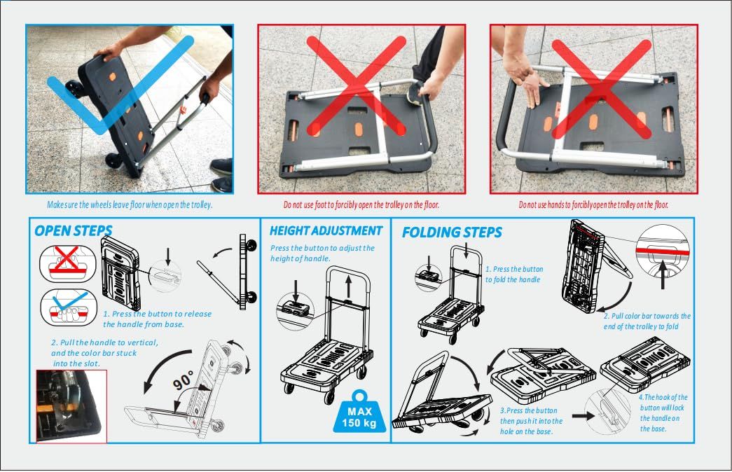  折りたたみ台車 手押し台車 静音台車 軽量 コンパクト ハンドル三段調節 自在輪付き 後輪 耐荷重150 KG スッキリ収納 滑り止め 買い物 引っ越し TPRホイール 持ち運び便利 家庭用 業務用 台車 DIY 工具