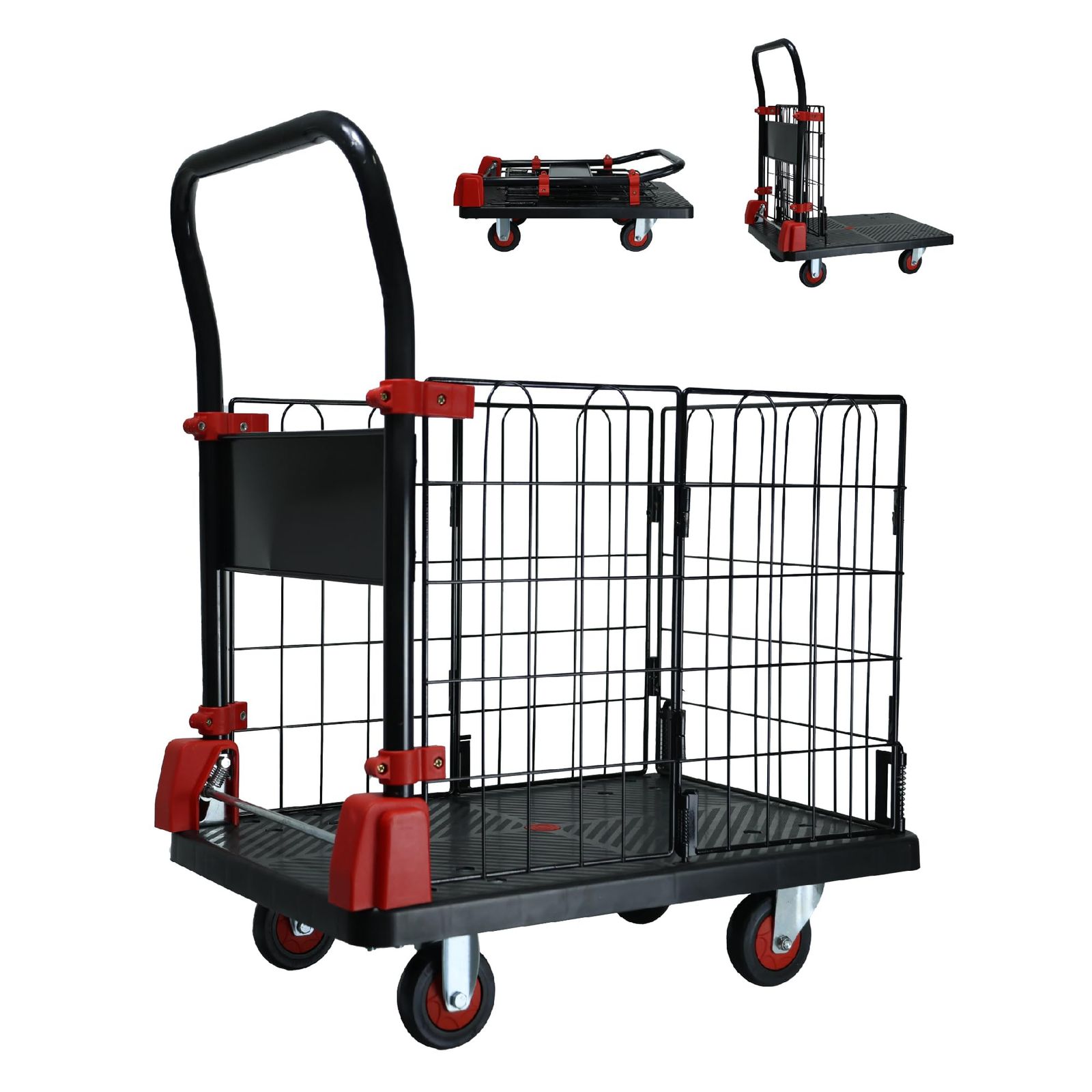 カゴ付き 折り畳み 台車 コンパト ワゴン車 キャスタ一 小型 トラスコ 静音 フェンス取り外し 耐荷重150KG 360度回転 簡単組み立て 運搬台車 家庭用 業務用 倉庫 工場 店舗 引越し 買い物 持ち運び便利 ブラック ブレーキなし 小