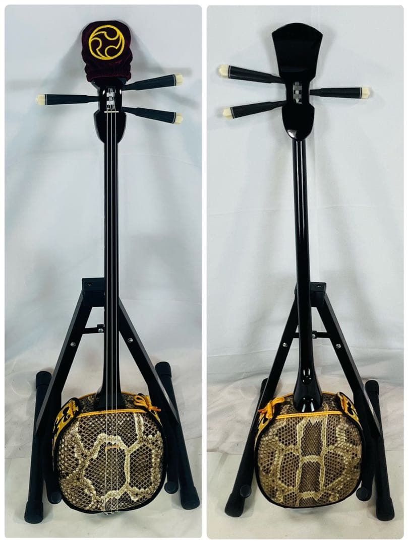 三味線 本蛇皮 黒漆 太さ2.5cm 沖縄 民謡楽器 ケース付き