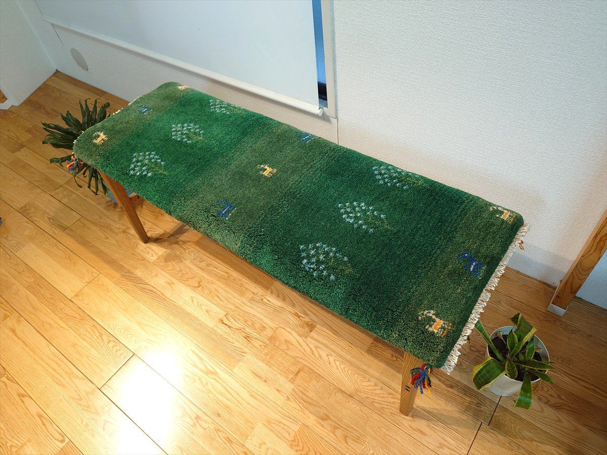 ペルシャ ギャッベ ミニランナー 細長いラグ 117x45cm 緑色 糸杉 RJ16282