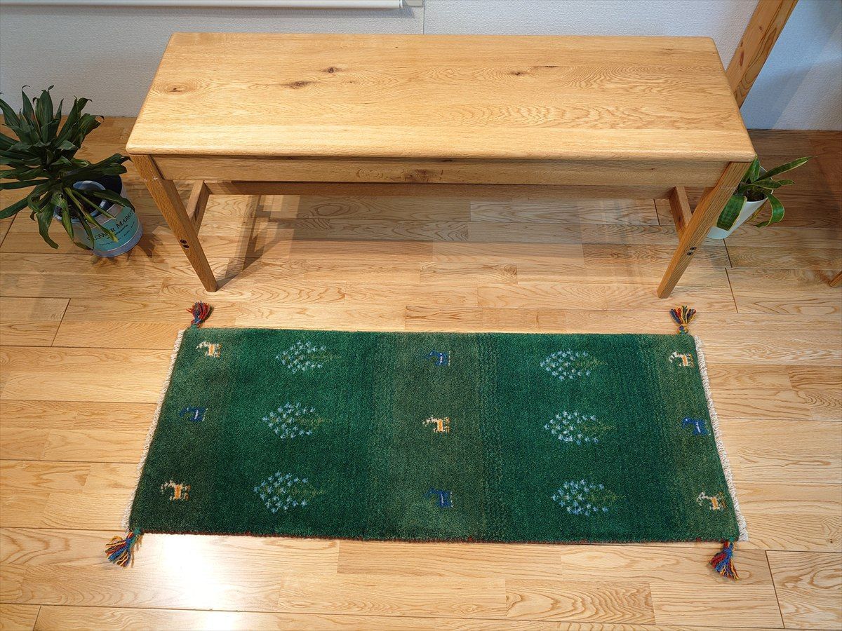 ペルシャ ギャッベ ミニランナー 細長いラグ 117x45cm 緑色 糸杉 RJ16282