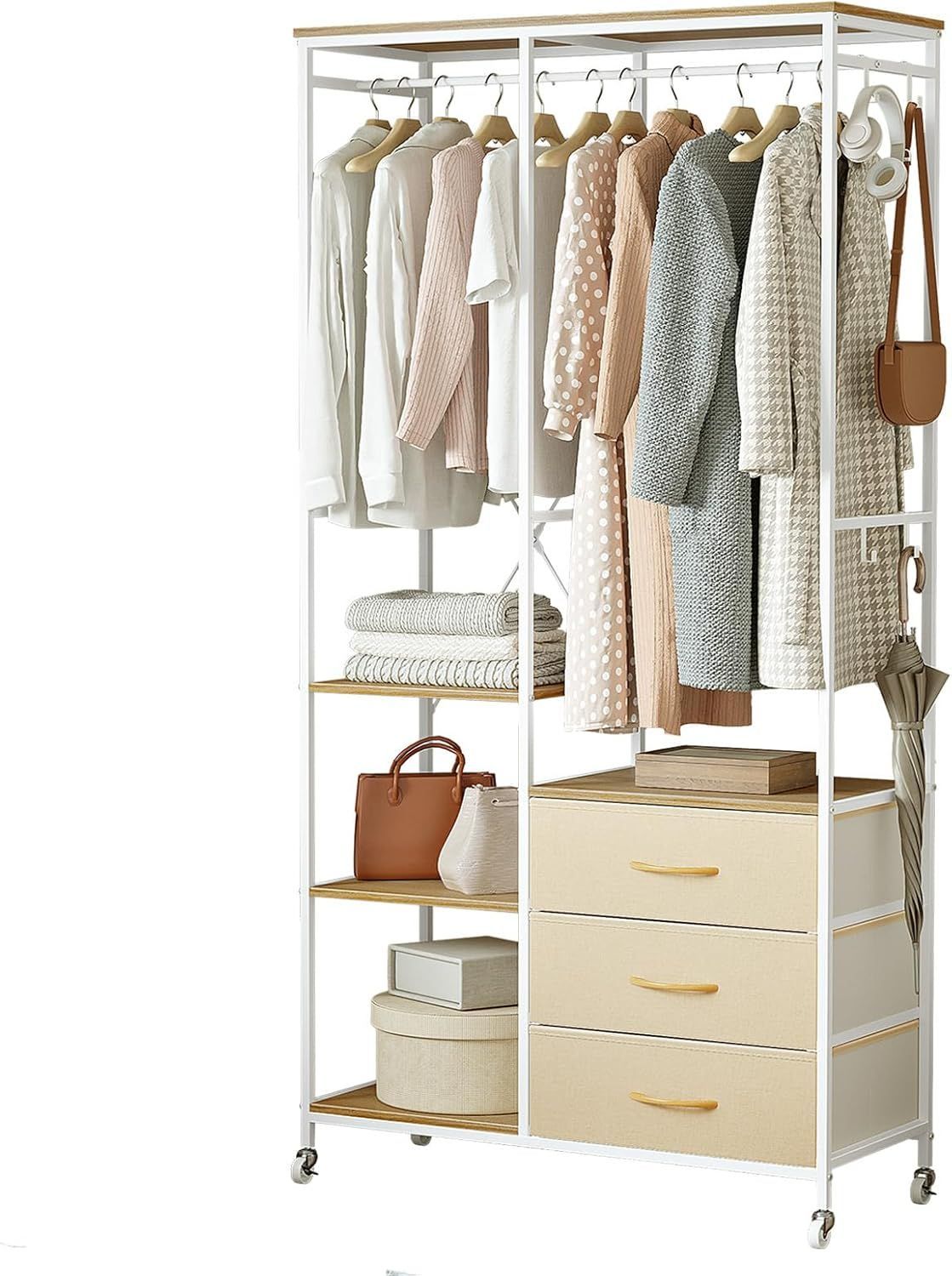 SINNONAKA ハンガーラック 引き出し付き ワードローブ 衣装棚 押し入れ 棚付き 棚板可動式 収納付き 収納ラック 大容量 頑丈 wardrobe 全体耐荷重120kg 高通気性カチオン生地 ベージュ