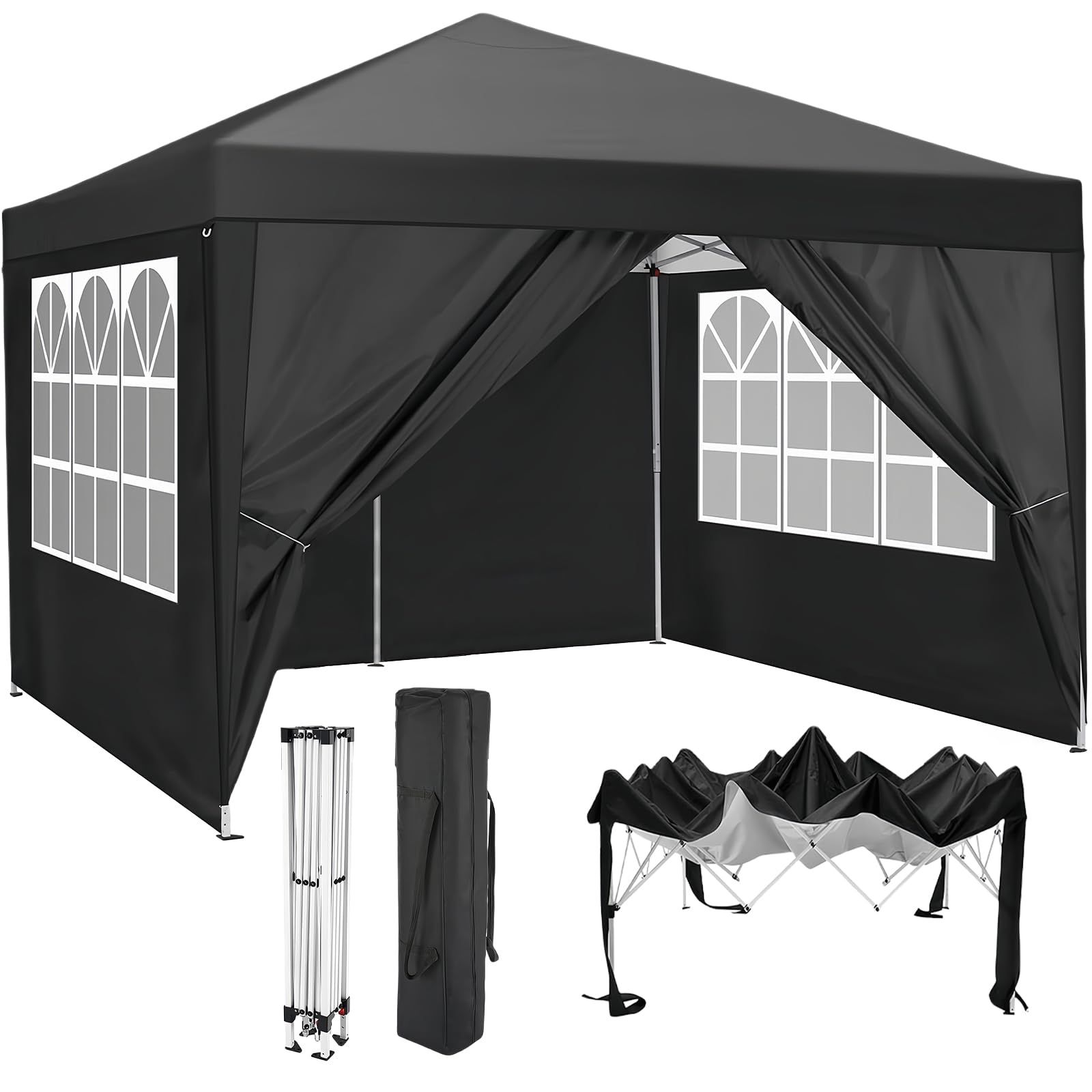 NODIBRO サイドシート4枚付き タープテント 収納バッグ付き 3段階調節 大型 耐水 テント レジャー イベント 海 バーベキュー 防災 運動会 おしゃれ 日除け 組立簡単 持ち運び便利 ブラック 3m 3m