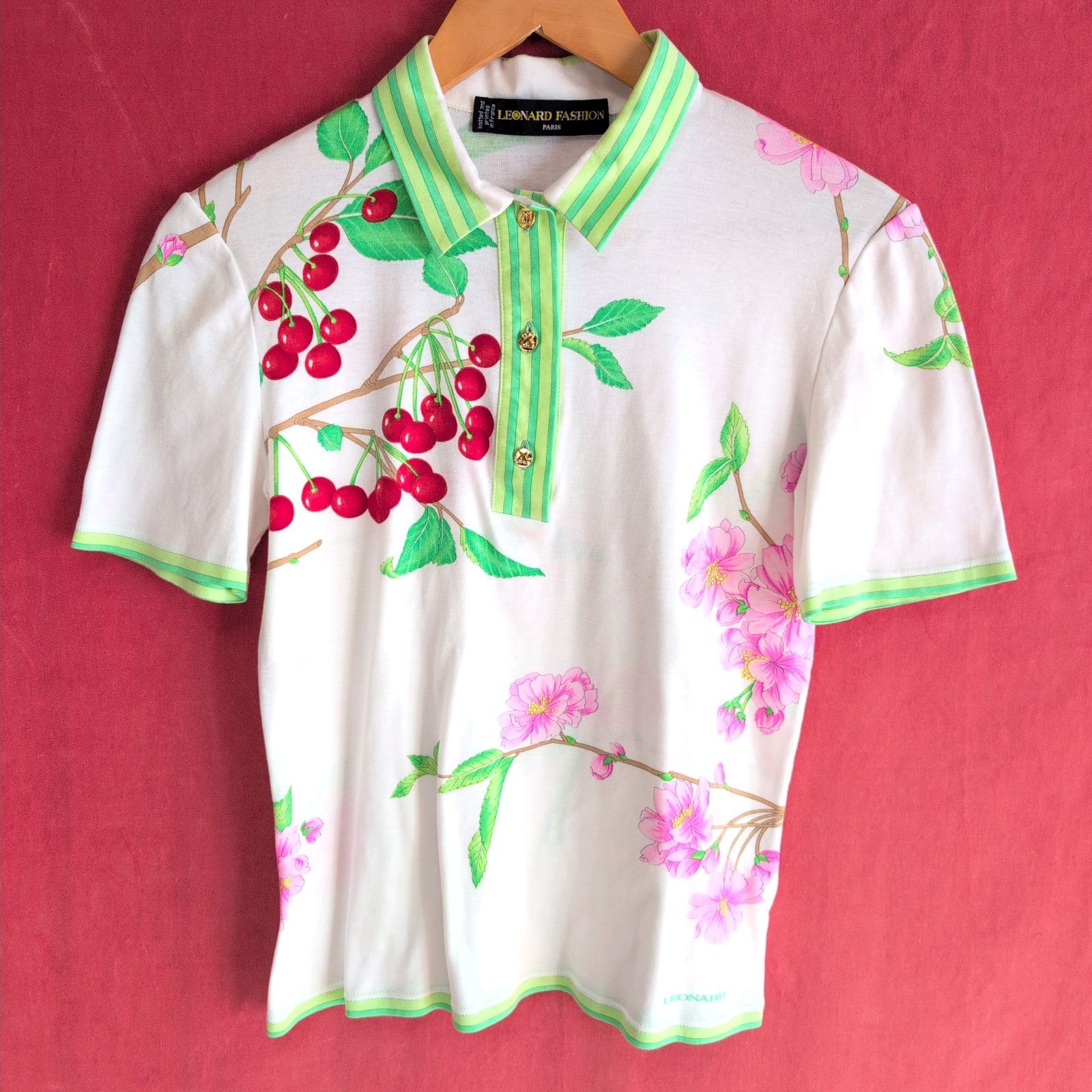 LEONARD レオナール トップス 半袖 ポロシャツ スポーツ 花柄 さくらんぼ柄 レディース サイズS
