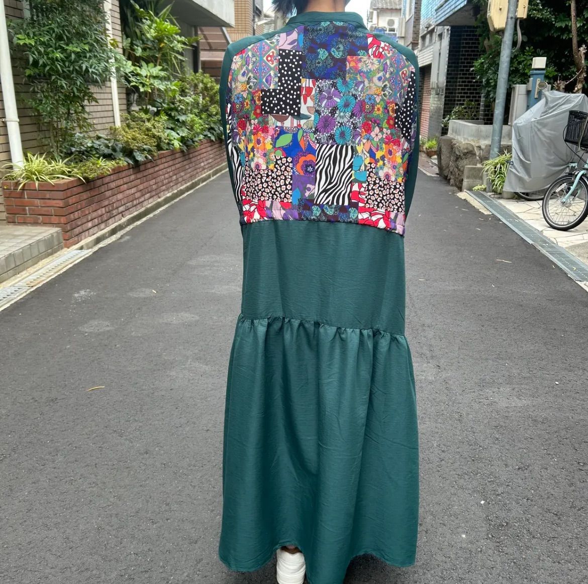 柄切替前開きワンピース