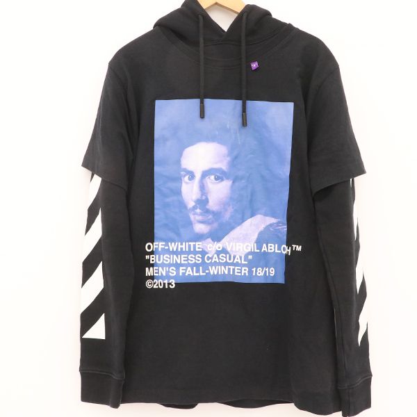 オフホワイト OFF-WHITE 重ね着風 フーディー パーカー ブラック コットン100％ XS メンズ yy