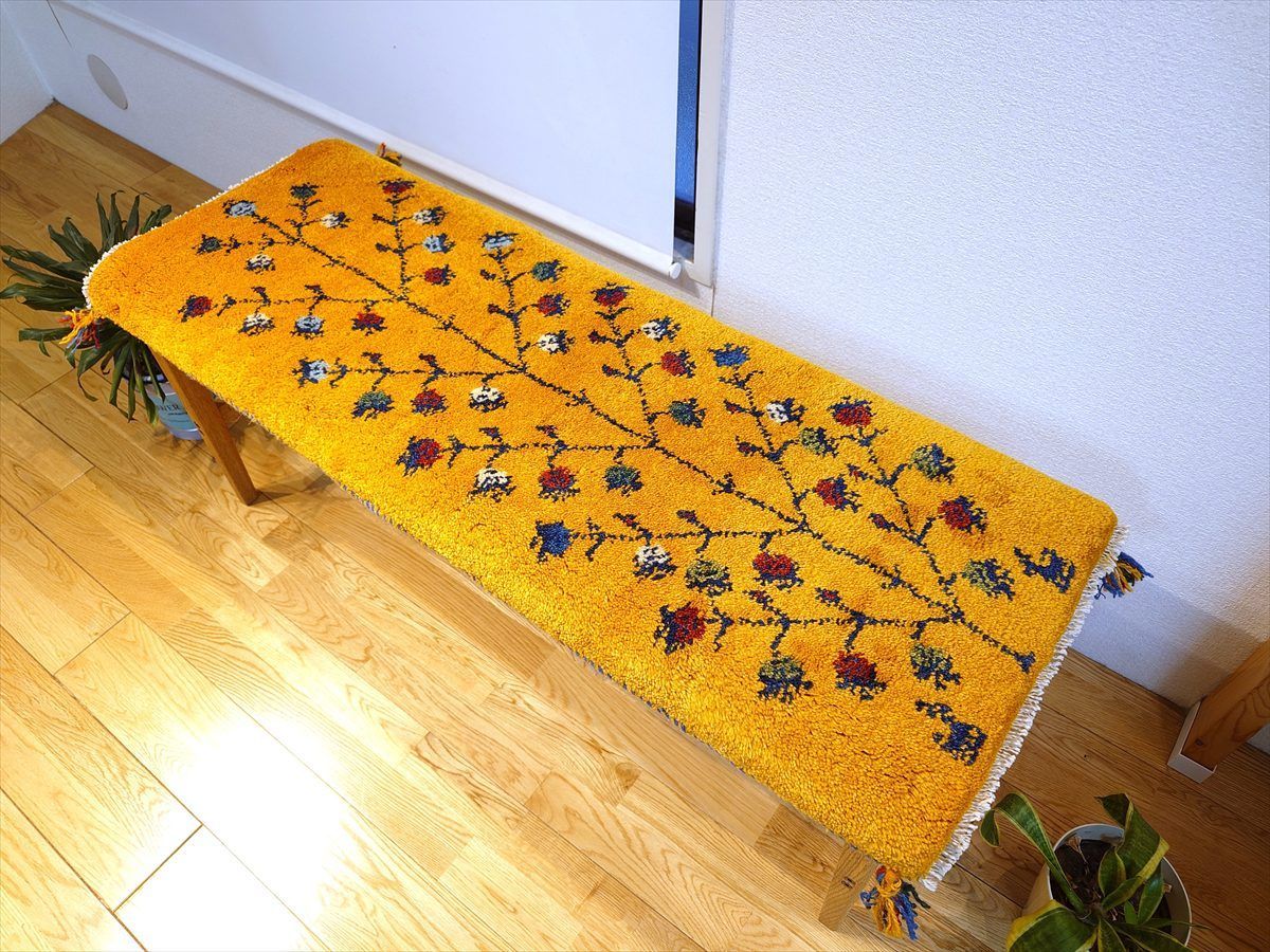 ペルシャ ギャッベ ミニランナー ラグ 116x43cm 黄金色 生命の木 RJ15474