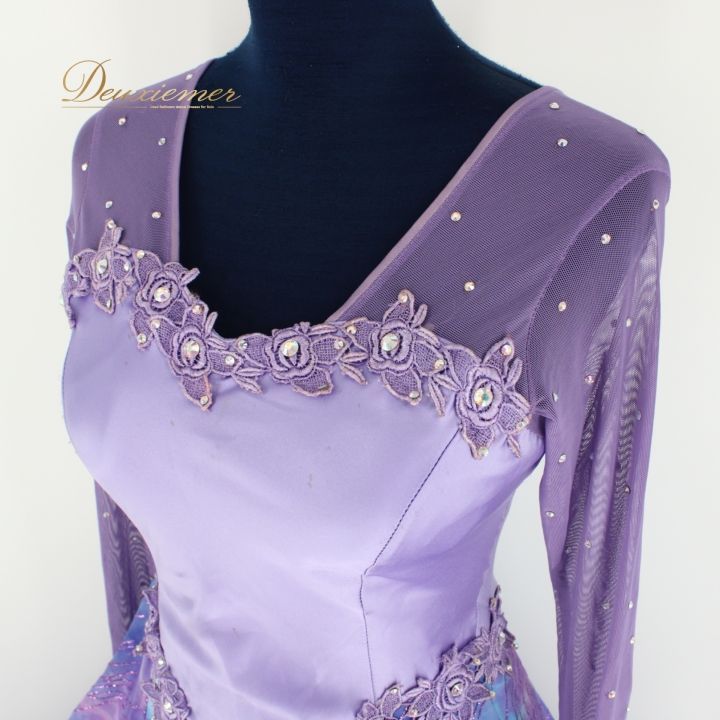 社交ダンス 衣装 ドレス ワンピース パーティ衣装 女性用 レディース オールシーズン 紫 青 ブルー系 パープル系 ラインストーン 長袖 レース 光を纏う ボリューム 優雅 伸縮性 ポリエステル 綿 ドレスアップ パーティー おしゃれ キッズ