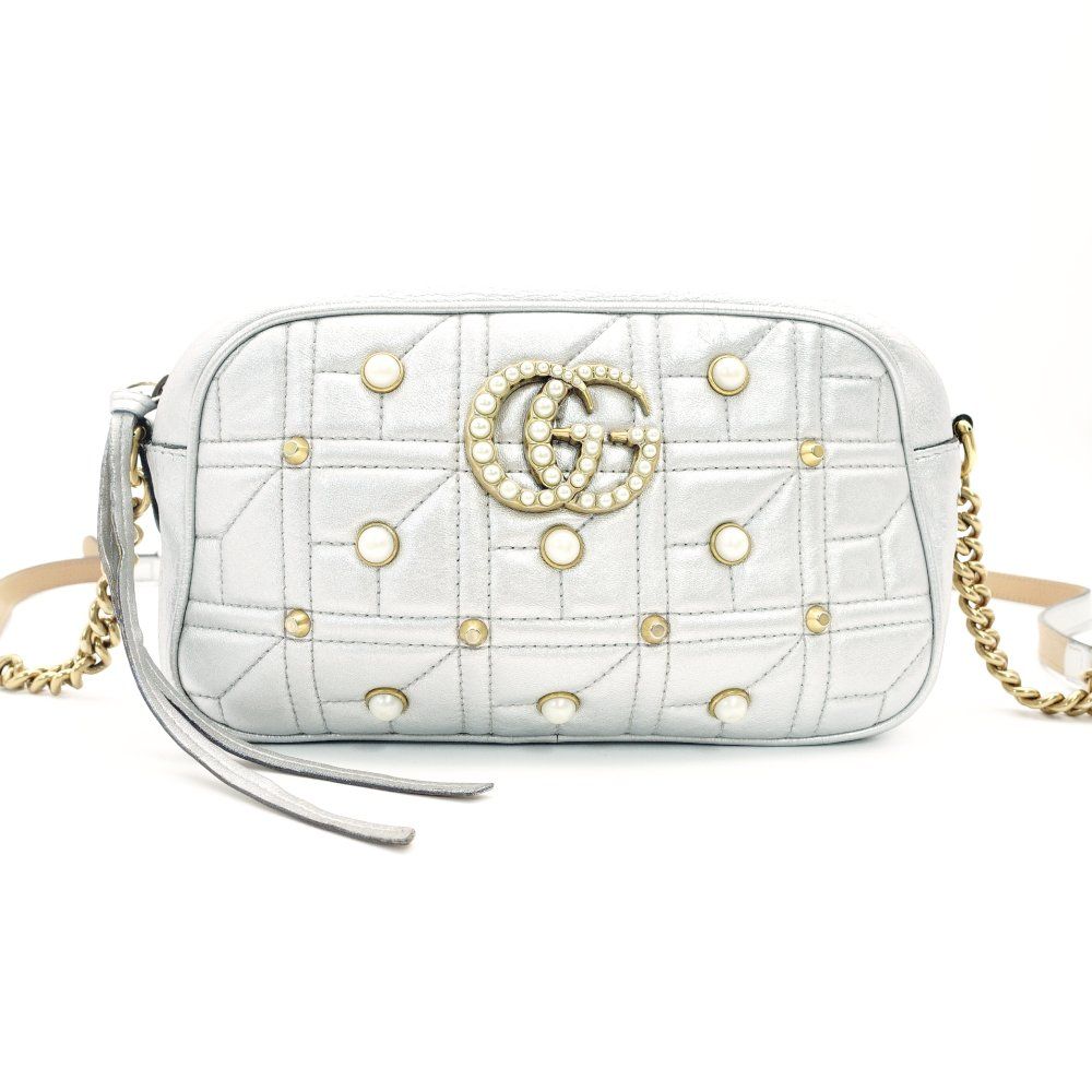 グッチ GUCCI GGマーモント チェーン ショルダーバッグ シルバー レザー パール スタッズ クロスボディ ゴールド金具 7 10 700