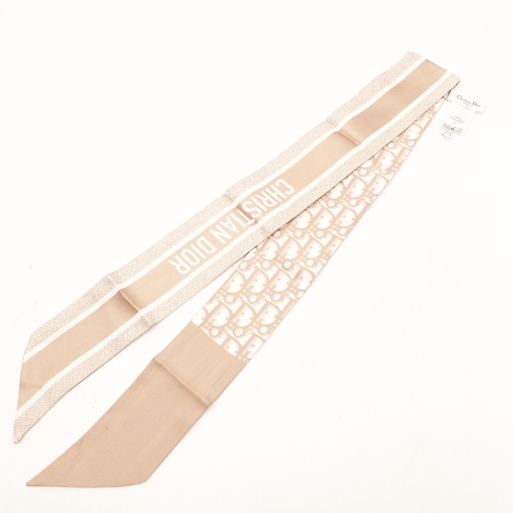 クリスチャン ディオール Christian Dior ミッツァ スカーフ シルク100％ ツイリー ピンクベージュ ホワイト 7 10 842