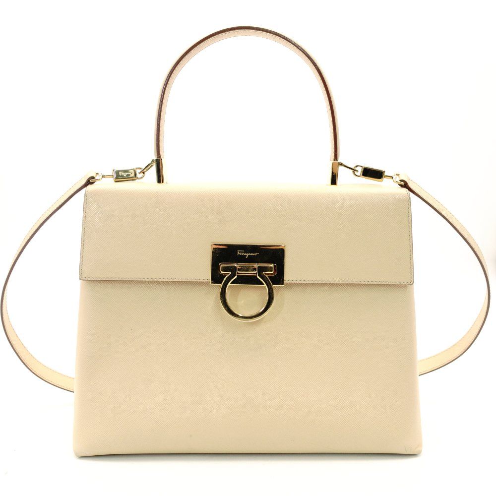 サルバトーレフェラガモ Salvatore Ferragamo ガンチーニ ハンドバッグ ベージュ レザー 2way ゴールド金具 7-8-105