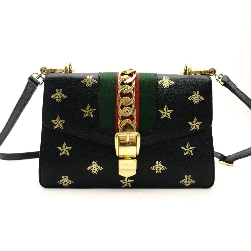 グッチ GUCCI シルヴィ スター&ビー ショルダーバッグ ブラック 黒 レザー ゴールド金具 クロスボディ 7-8-359