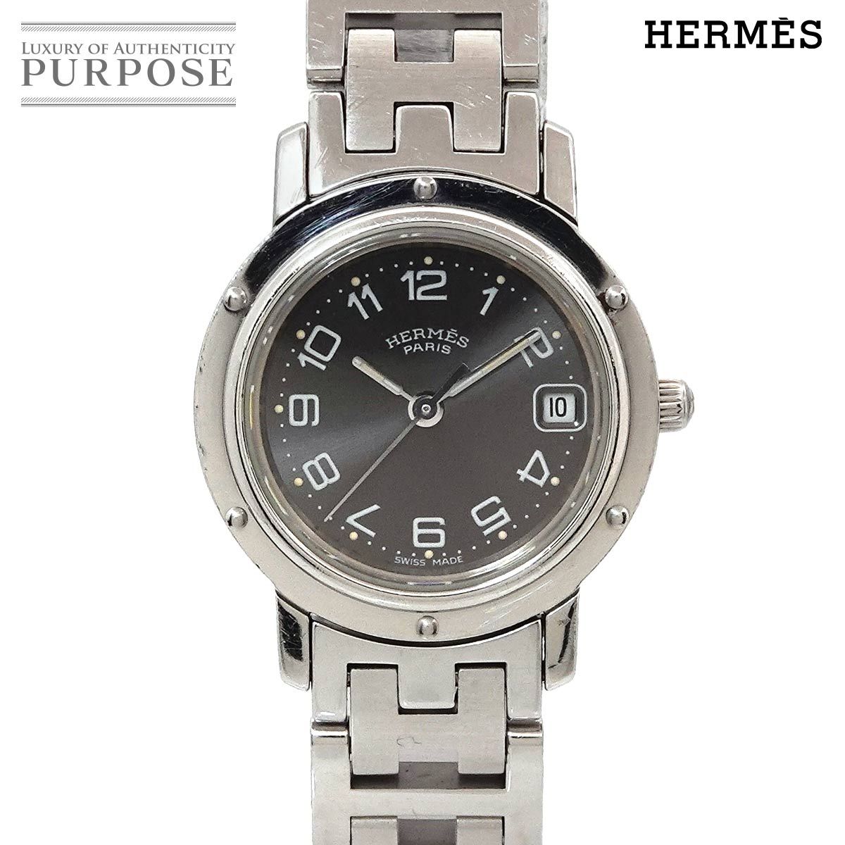 エルメス HERMES クリッパー CL4 210 ヴィンテージ レディース 腕時計 デイト グレー クォーツ ウォッチ Clipper 90271455