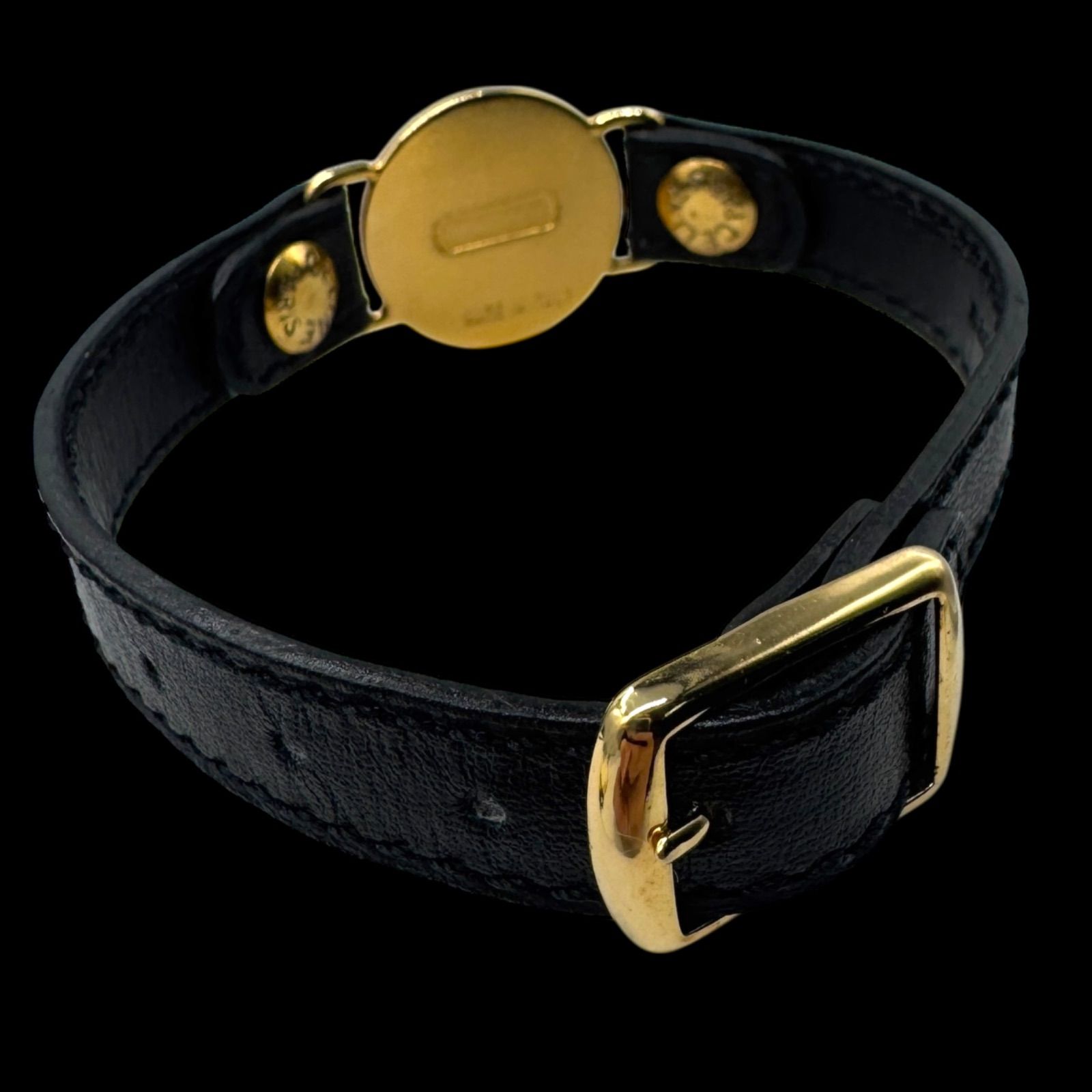 CELINE セリーヌ 馬車金具 レザーブレスレット バングル サークルロゴ ゴールド ブラック ヴィンテージ ジュエリー