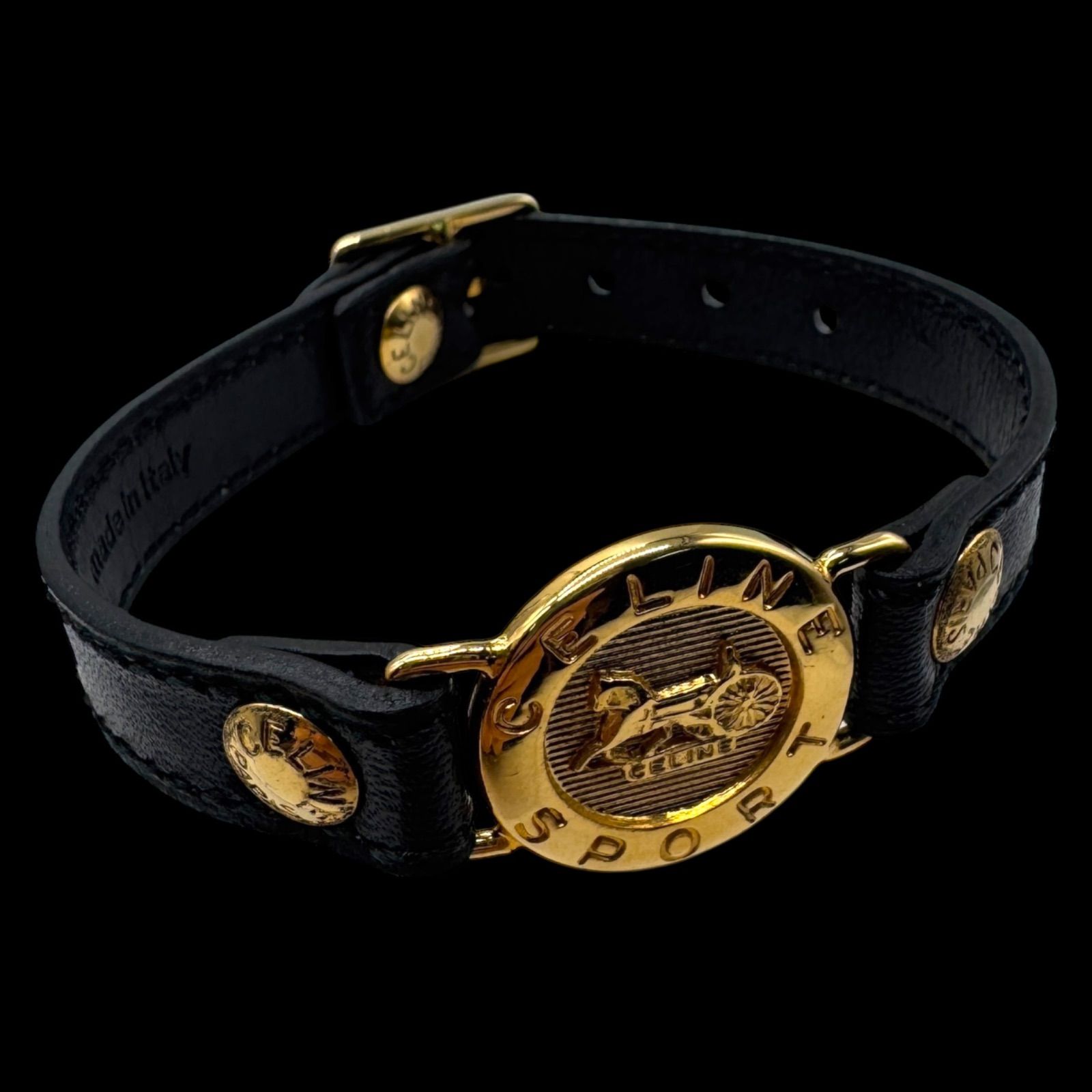 CELINE セリーヌ 馬車金具 レザーブレスレット バングル サークルロゴ ゴールド ブラック ヴィンテージ ジュエリー
