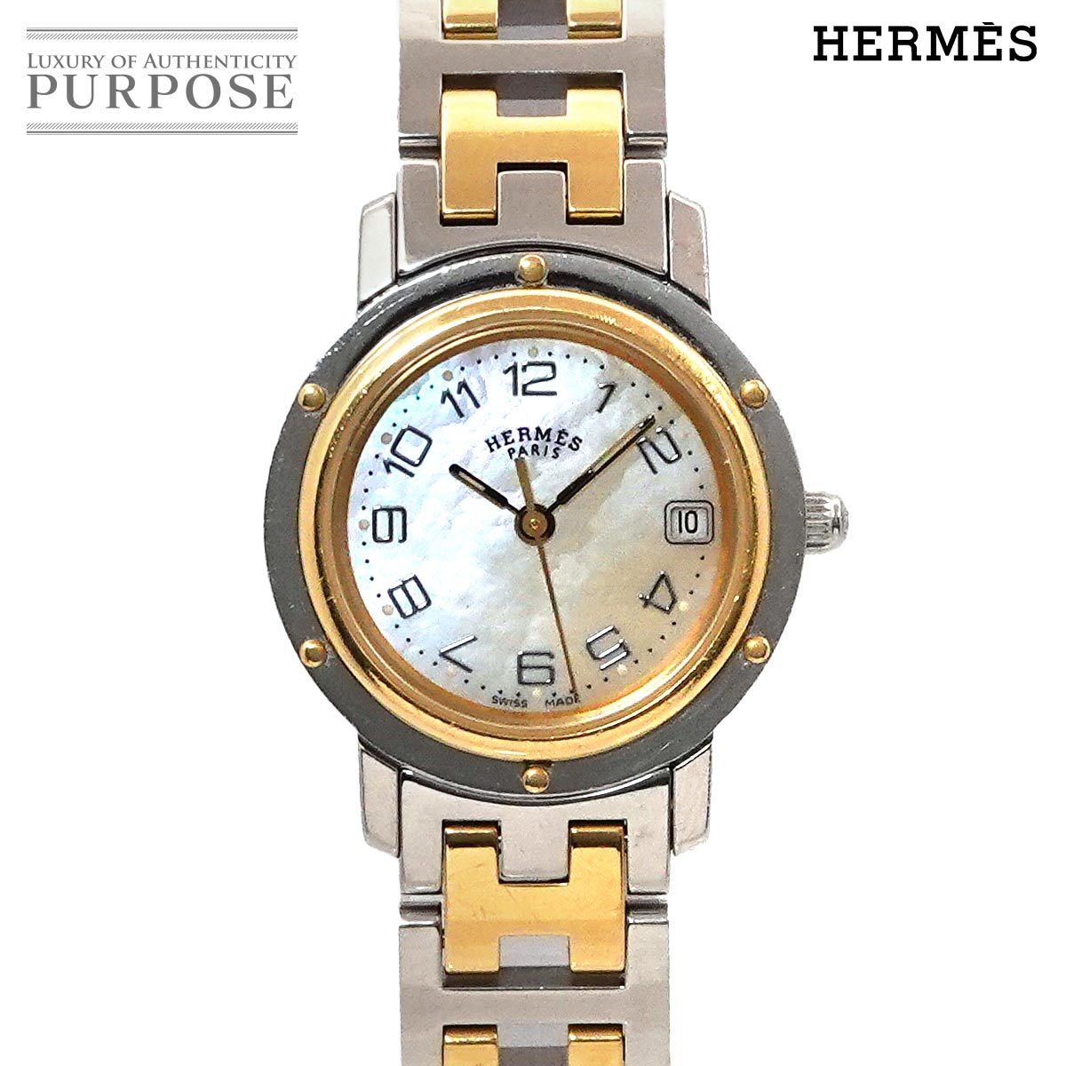 エルメス HERMES クリッパー コンビ CL4 220 レディース 腕時計 デイト ホワイトシェル クォーツ ウォッチ Clipper 90301348