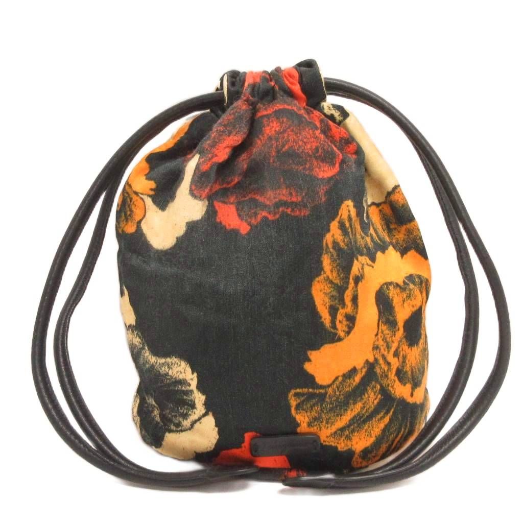 サルヴァトーレフェラガモ Salvatore Ferragamo フラワーケージポーチ 巾着 スナップ付き 付替 花がら 黒 ブラック