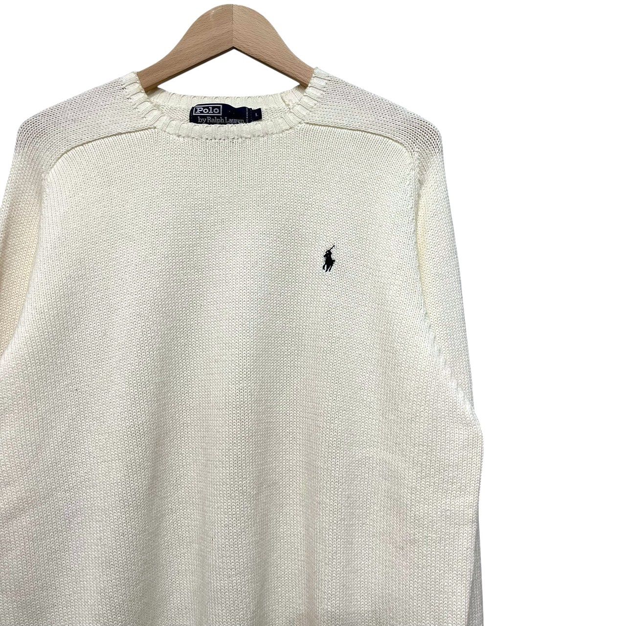 90s ビンテージ ラルフローレン 1ポイント 刺繍 ラグランスリーブ コットンニット L ホワイト 90年代 ヴィンテージ Ralph Lauren セーター